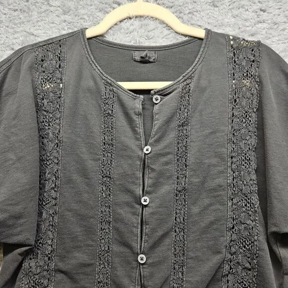 Aerie Womens Gray Crop Tshirt Size XS Crochet Lace Casual Button Up - Picture 2 of 10